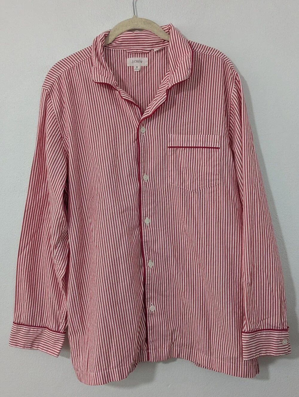 J. Crew Poplin Pajama Set Striped Shirt Button Front & Pants White Red Medium M
